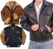 On the left are two suede coats and on the right is a man wearing a dark brown leather jacket.